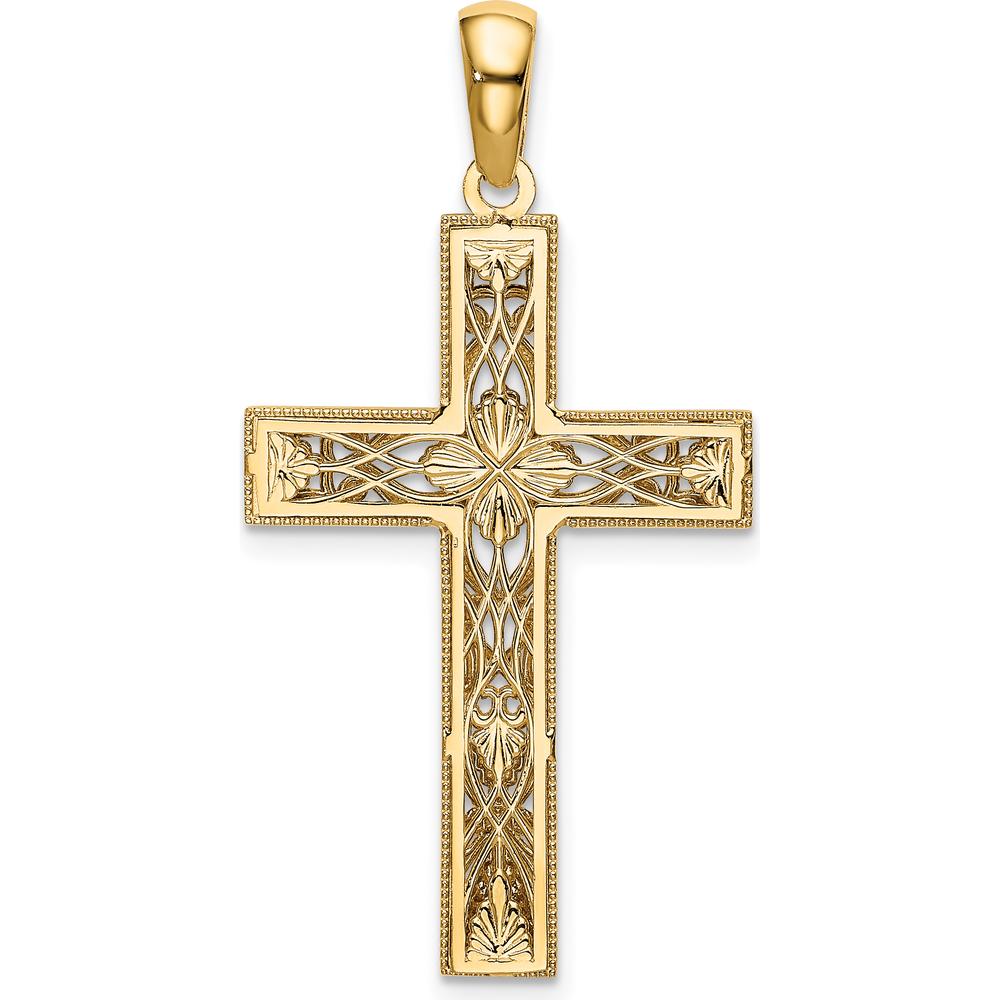 14K Yellow Gold Diamond-Cut Cross Pendant with Rhodium Accents - 38mm Length by Oro Pregiato