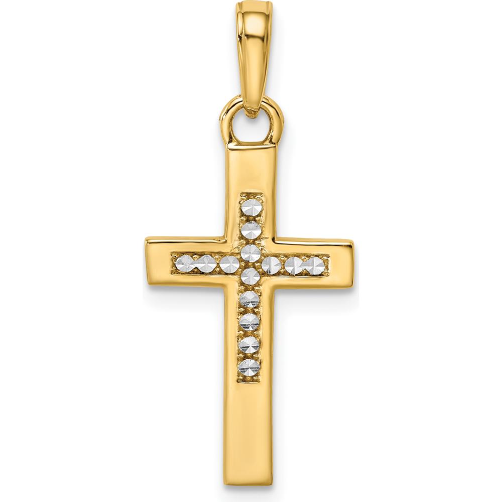 14K Yellow Gold Diamond-Cut Cross Pendant with Rhodium Accents - Elegant Faith Jewelry by Oro Pregiato