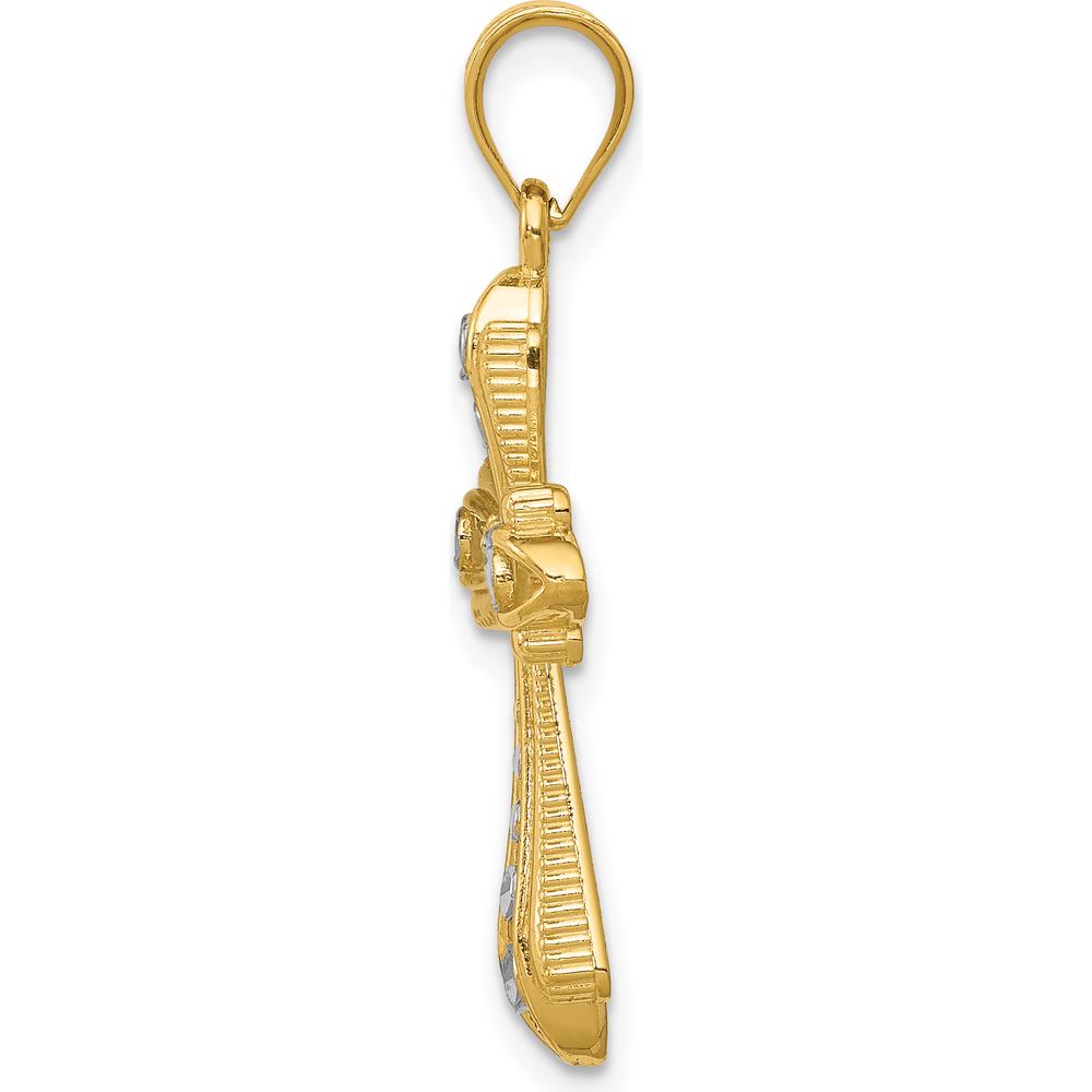 14K Yellow Gold Diamond-Cut Cross Pendant with White Rhodium Plating - 32mm Length, 17mm Width by Oro Pregiato