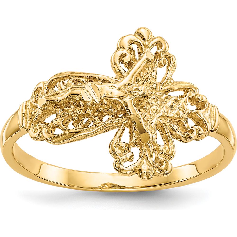 14K Yellow Gold Diamond Cut Crucifix Ring - Faith-Inspired Design, Adjustable Size by Oro Pregiato