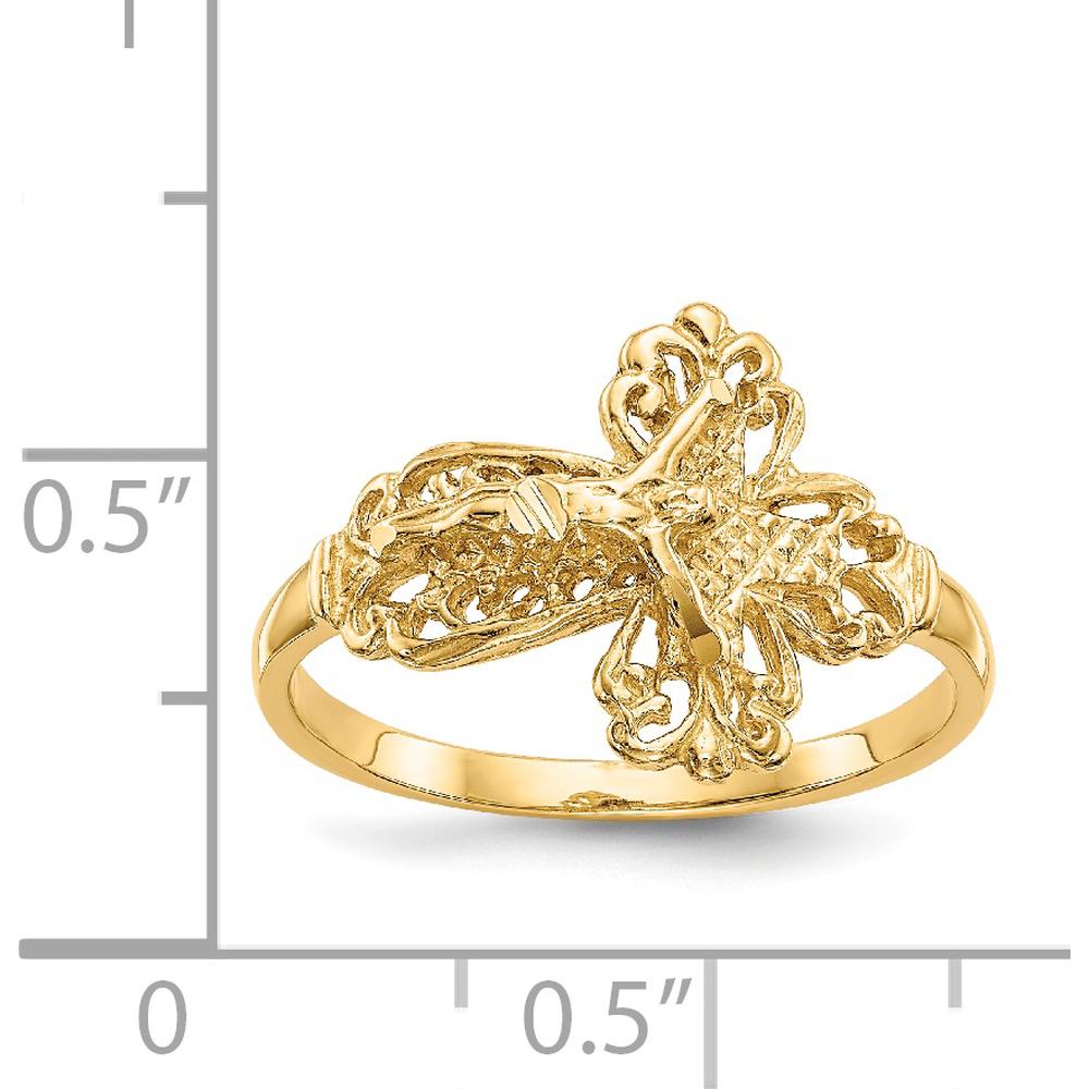 14K Yellow Gold Diamond Cut Crucifix Ring - Faith-Inspired Design, Adjustable Size by Oro Pregiato