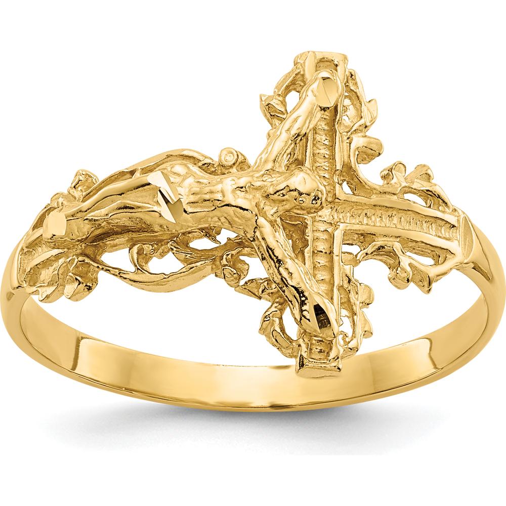 14K Yellow Gold Diamond-Cut Crucifix Ring with Faithful Symbolism and Elegant Design by Oro Pregiato