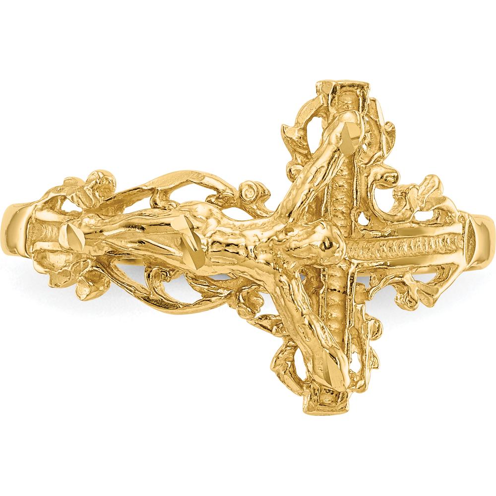14K Yellow Gold Diamond-Cut Crucifix Ring with Faithful Symbolism and Elegant Design by Oro Pregiato