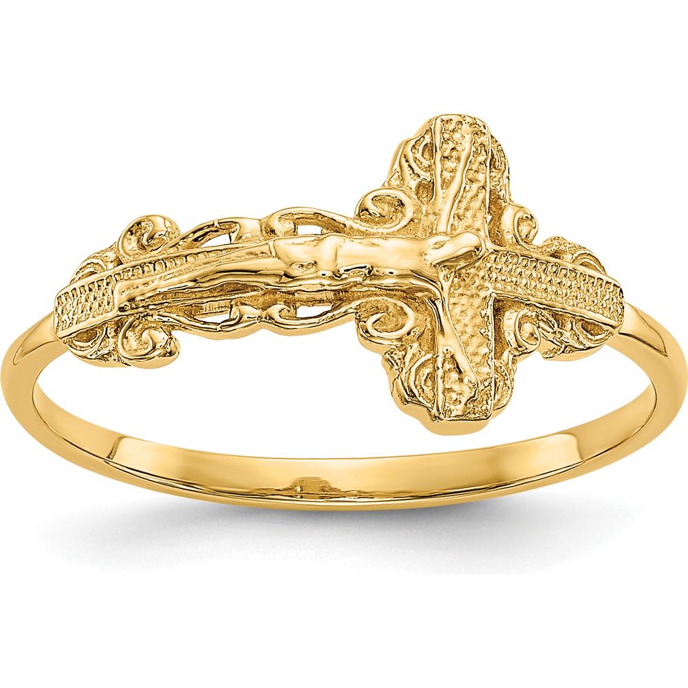 14K Yellow Gold Diamond-Cut Crucifix Ring with Milgrain Detail - Faith-Inspired Religious Symbol by Oro Pregiato