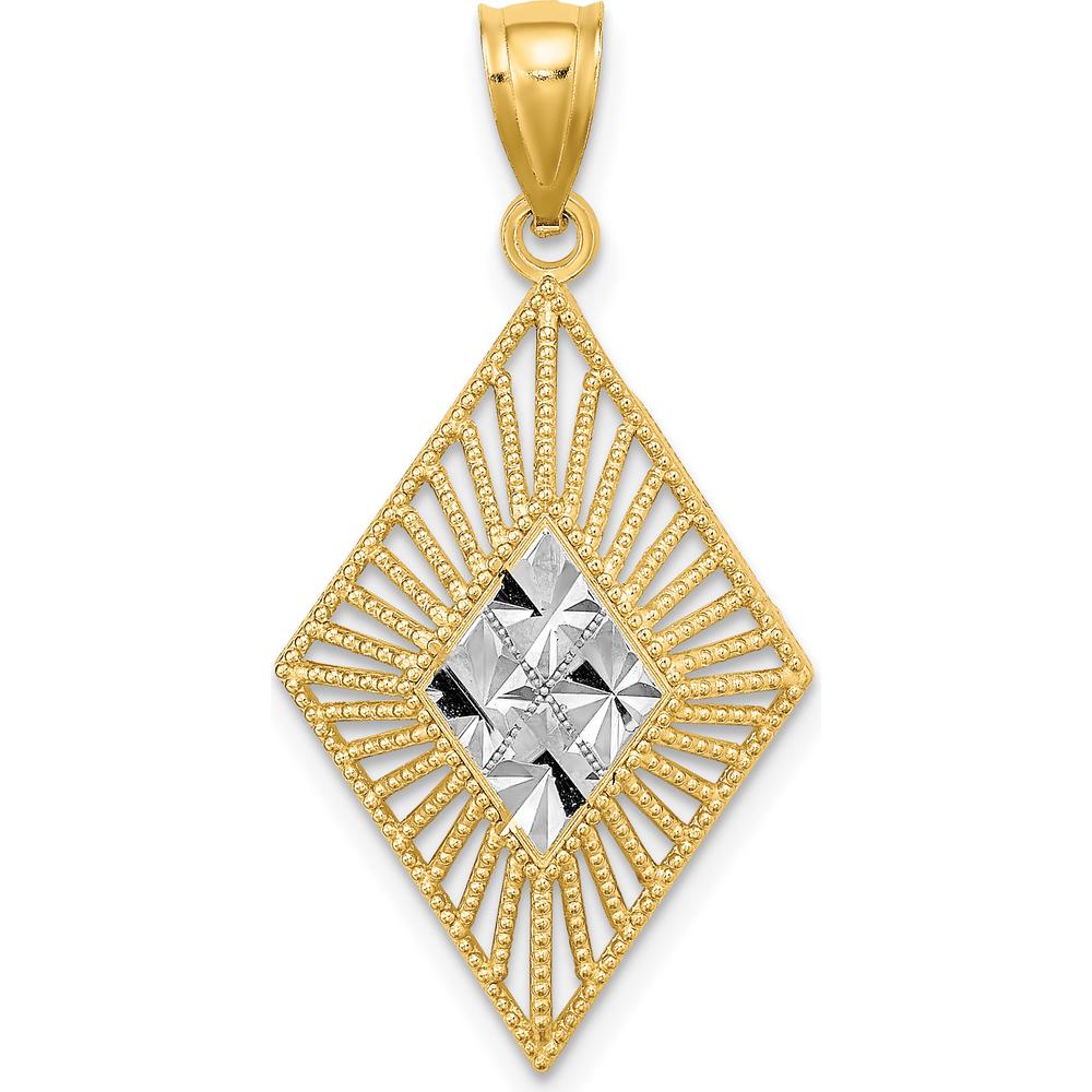 14K Yellow Gold Diamond-Cut Diamond-Shape Charm with White Rhodium Accents - Elegant Pendant Design by Oro Pregiato