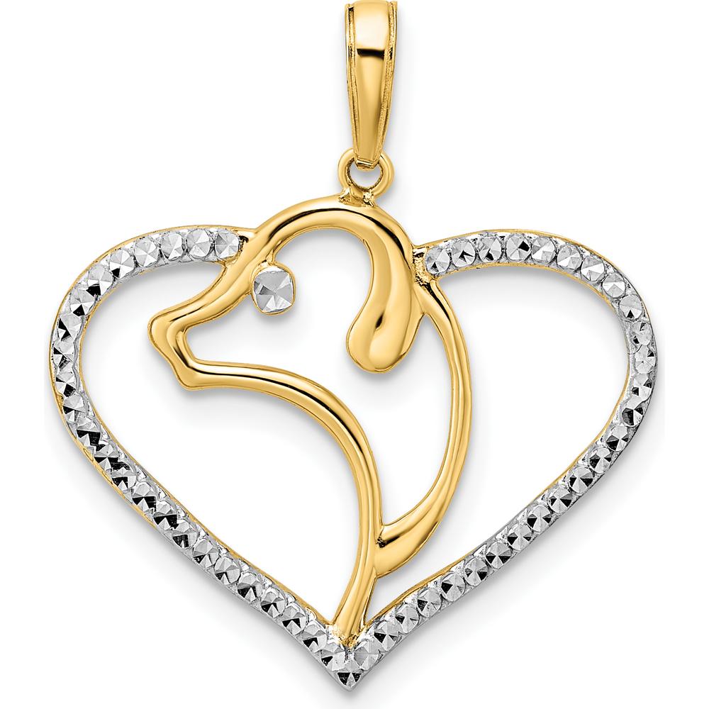 14K Yellow Gold Diamond-Cut Dog Head in Heart Pendant with White Rhodium Accents - 26.96mm Length by Oro Pregiato