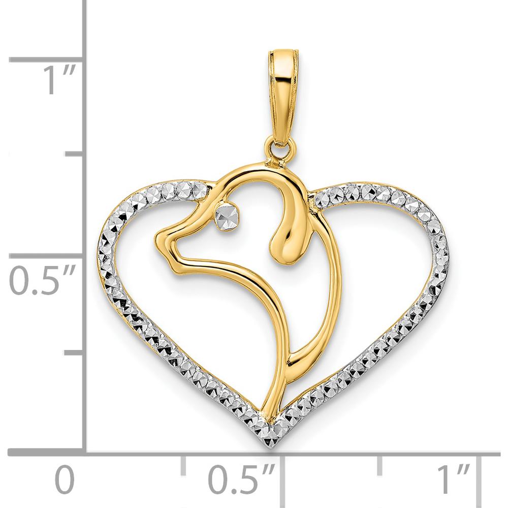 14K Yellow Gold Diamond-Cut Dog Head in Heart Pendant with White Rhodium Accents - 26.96mm Length by Oro Pregiato