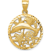 14K Yellow Gold Diamond-Cut Dolphin and Shells Circle Pendant - 26mm by Oro Pregiato