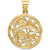 14K Yellow Gold Diamond-Cut Dolphin and Shells Circle Pendant - 26mm by Oro Pregiato