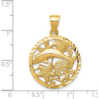 14K Yellow Gold Diamond-Cut Dolphin and Shells Circle Pendant - 26mm by Oro Pregiato