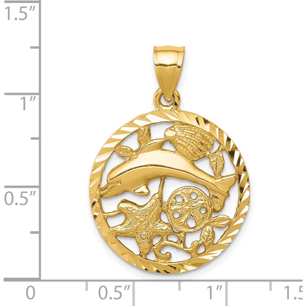14K Yellow Gold Diamond-Cut Dolphin and Shells Circle Pendant - 26mm by Oro Pregiato