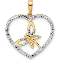 14K Yellow Gold Diamond-Cut Dragonfly in Heart Pendant with Rhodium Accents - 26.3mm by Oro Pregiato