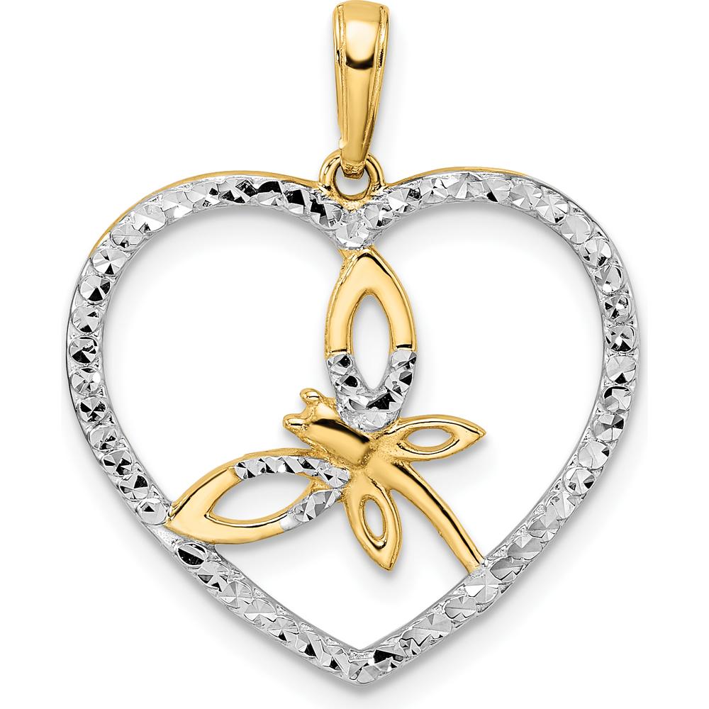 14K Yellow Gold Diamond-Cut Dragonfly in Heart Pendant with Rhodium Accents - 26.3mm by Oro Pregiato