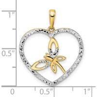 14K Yellow Gold Diamond-Cut Dragonfly in Heart Pendant with Rhodium Accents - 26.3mm by Oro Pregiato
