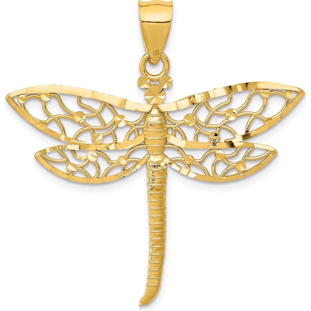 14K Yellow Gold Diamond-Cut Dragonfly Pendant - 37mm Length, 38.5mm Width by Oro Pregiato