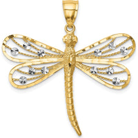 14K Yellow Gold Diamond-Cut Dragonfly Pendant with Rhodium Accents by Oro Pregiato