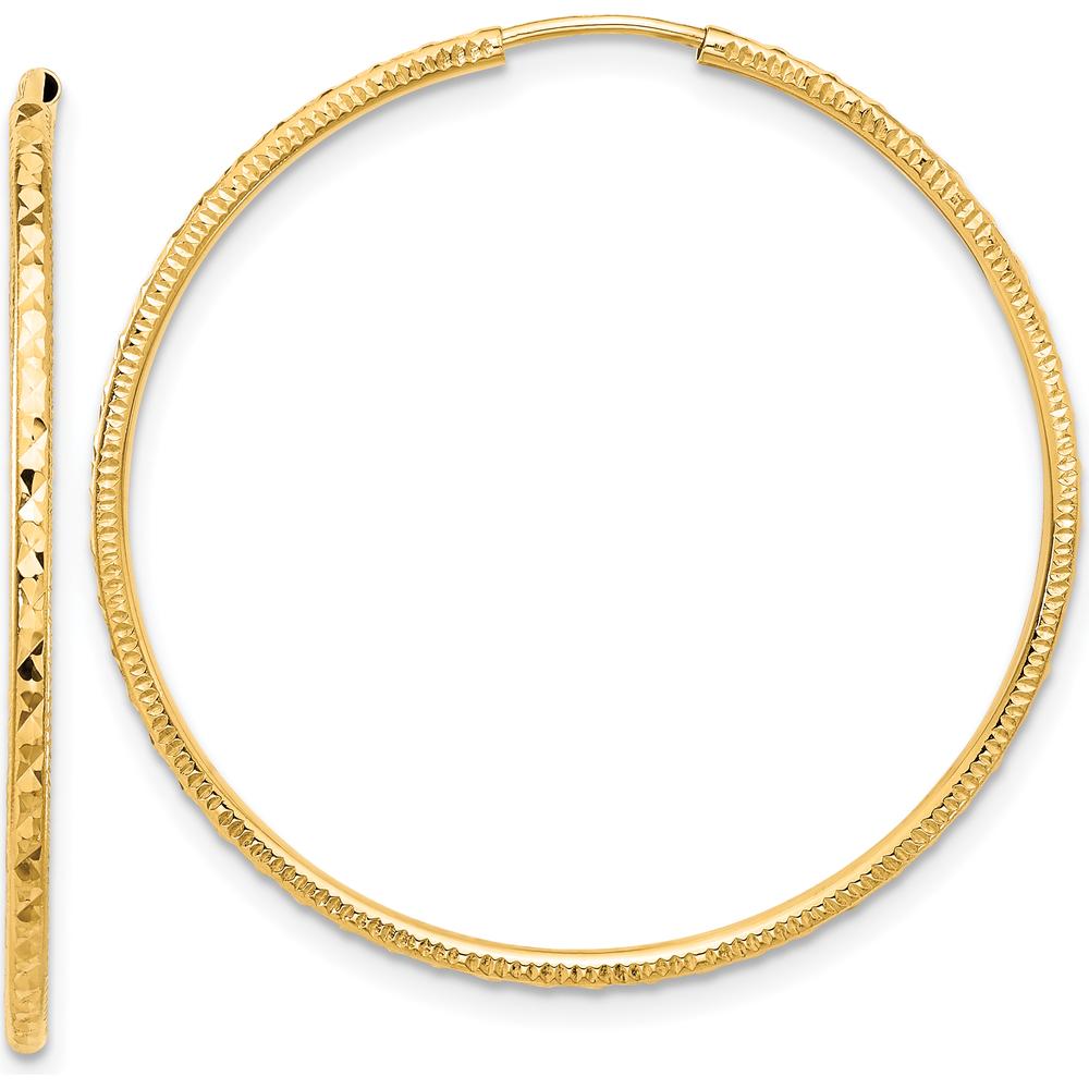 14K Yellow Gold Diamond-Cut Endless Hoop Earrings - 1.50mm Thick, 35mm Length by 0