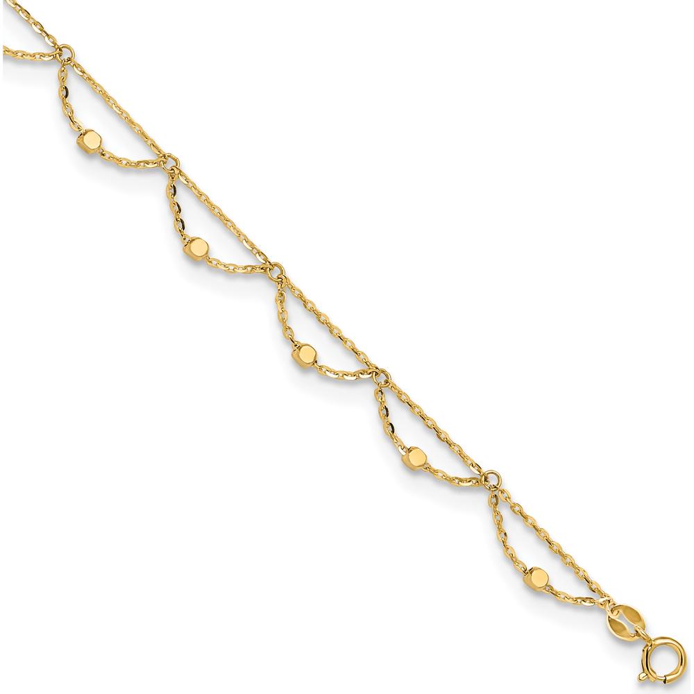 14K Yellow Gold Diamond-Cut Fancy Beaded Anklet with 1.5" Extender - Adjustable 11.5" Total Length