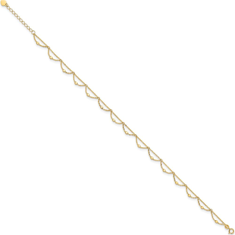 14K Yellow Gold Diamond-Cut Fancy Beaded Anklet with 1.5" Extender - Adjustable 11.5" Total Length