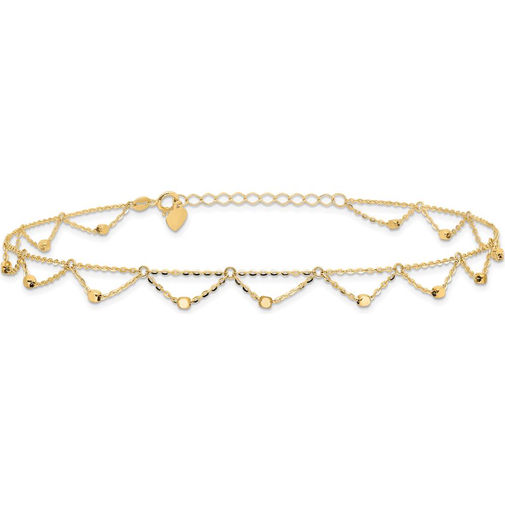 14K Yellow Gold Diamond-Cut Fancy Beaded Anklet with 1.5" Extender - Adjustable 11.5" Total Length