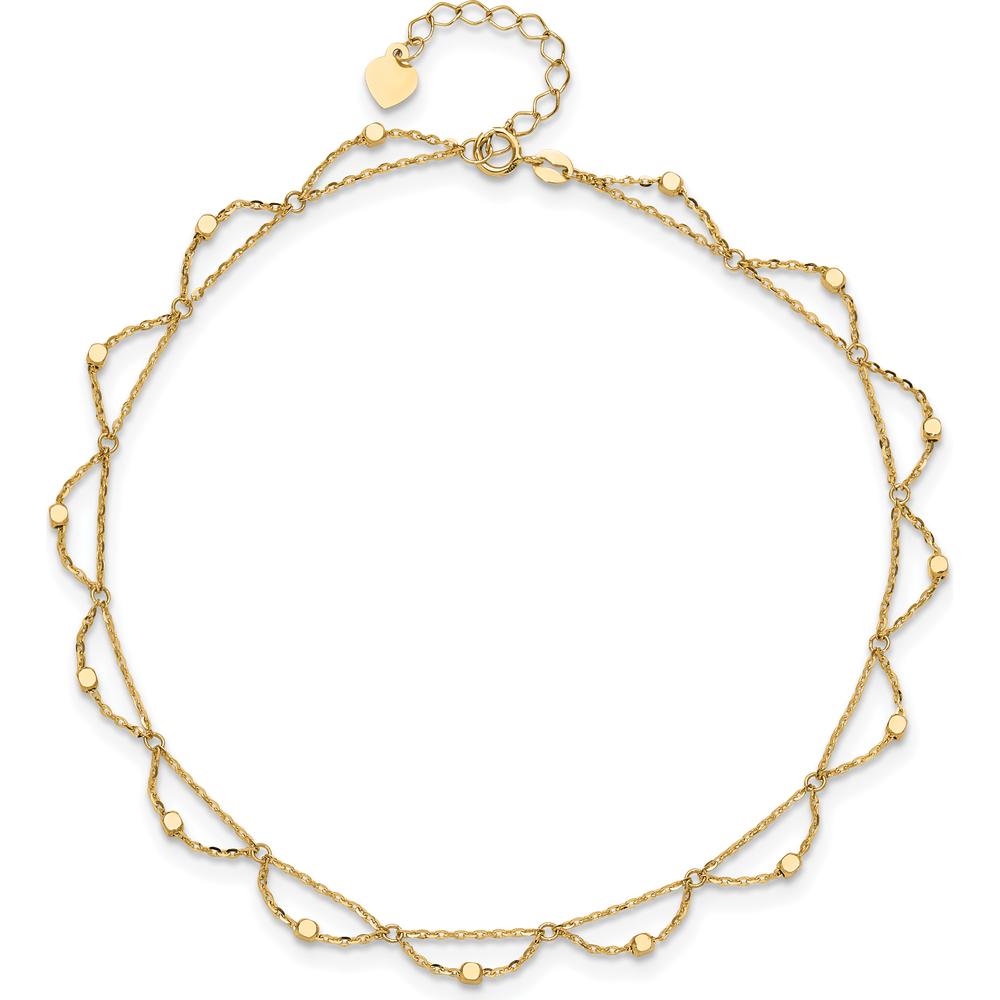 14K Yellow Gold Diamond-Cut Fancy Beaded Anklet with 1.5" Extender - Adjustable 11.5" Total Length