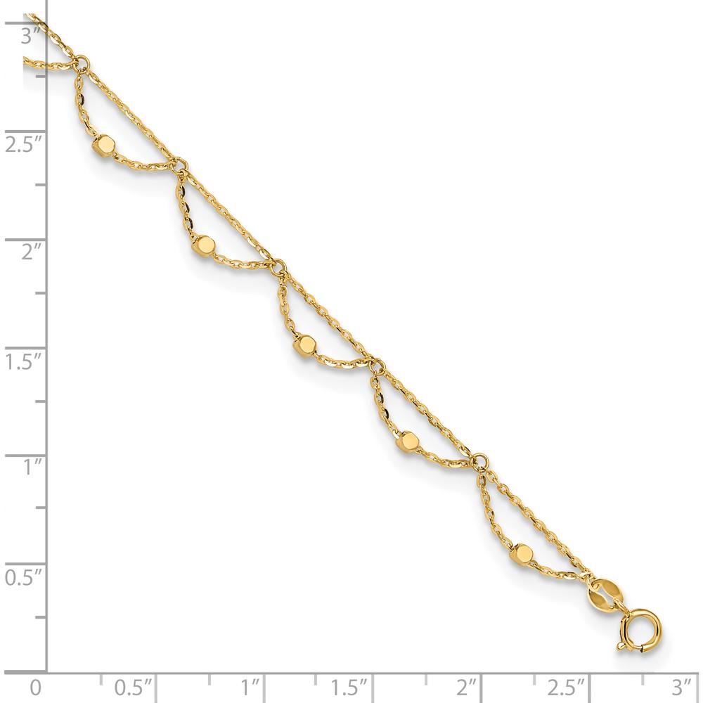 14K Yellow Gold Diamond-Cut Fancy Beaded Anklet with 1.5" Extender - Adjustable 11.5" Total Length