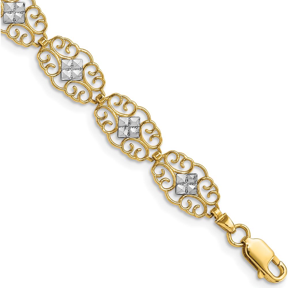 14K Yellow Gold Diamond-Cut Fancy Filigree 7.25" Bracelet with Rhodium Accents by Oro Pregiato