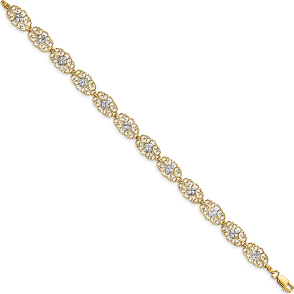 14K Yellow Gold Diamond-Cut Fancy Filigree 7.25" Bracelet with Rhodium Accents by Oro Pregiato