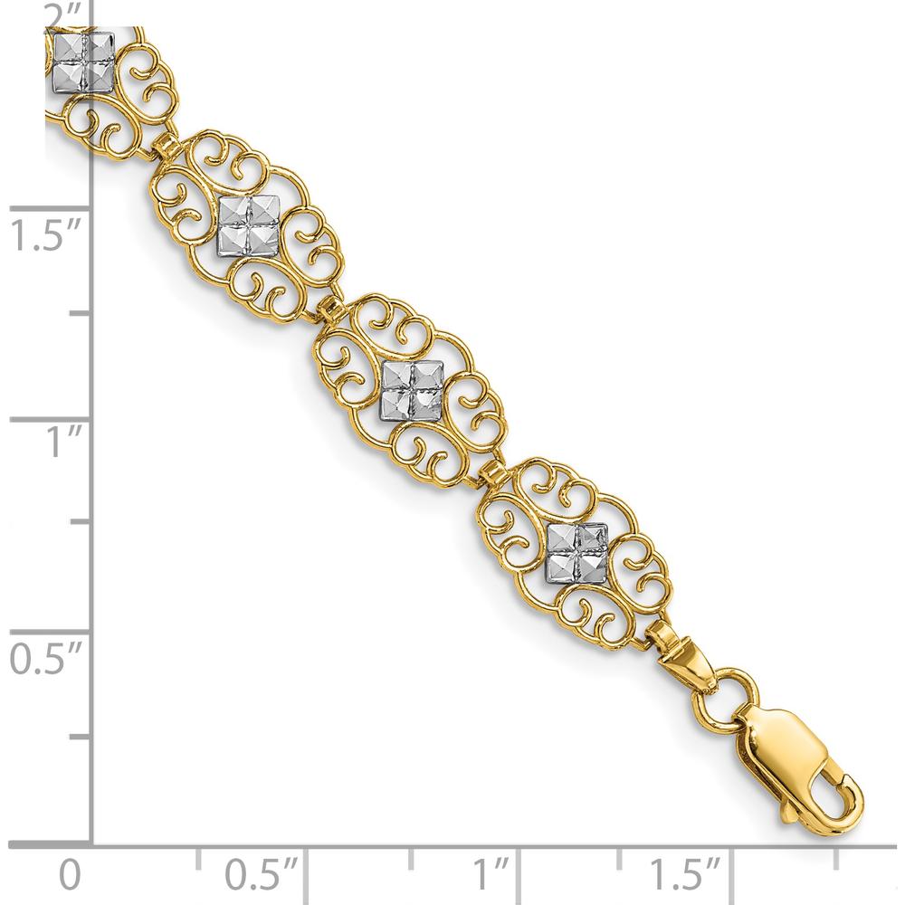14K Yellow Gold Diamond-Cut Fancy Filigree 7.25" Bracelet with Rhodium Accents by Oro Pregiato