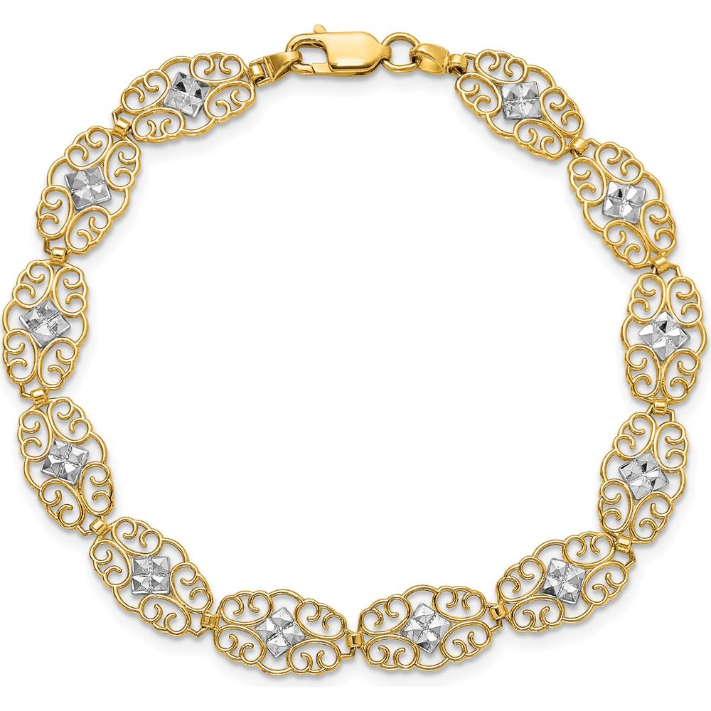 14K Yellow Gold Diamond-Cut Fancy Filigree 7.25" Bracelet with Rhodium Accents by Oro Pregiato