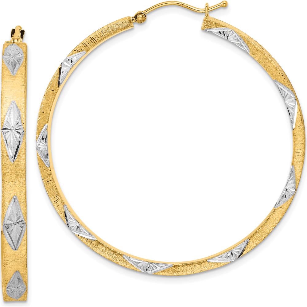 14K Yellow Gold Diamond-Cut Fancy Hoop Earrings with Rhodium Accents - 46.67mm by 0