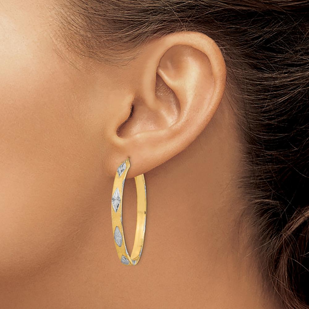 14K Yellow Gold Diamond-Cut Fancy Hoop Earrings with Rhodium Accents - 46.67mm by 0