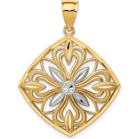 14K Yellow Gold Diamond-Cut Fancy Square Pendant with Rhodium Accent - 36.2mm Length by Oro Pregiato