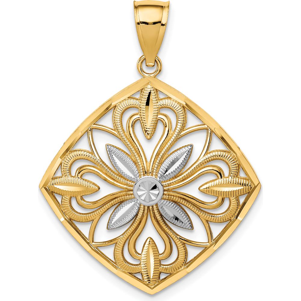 14K Yellow Gold Diamond-Cut Fancy Square Pendant with Rhodium Accent - 36.2mm Length by Oro Pregiato