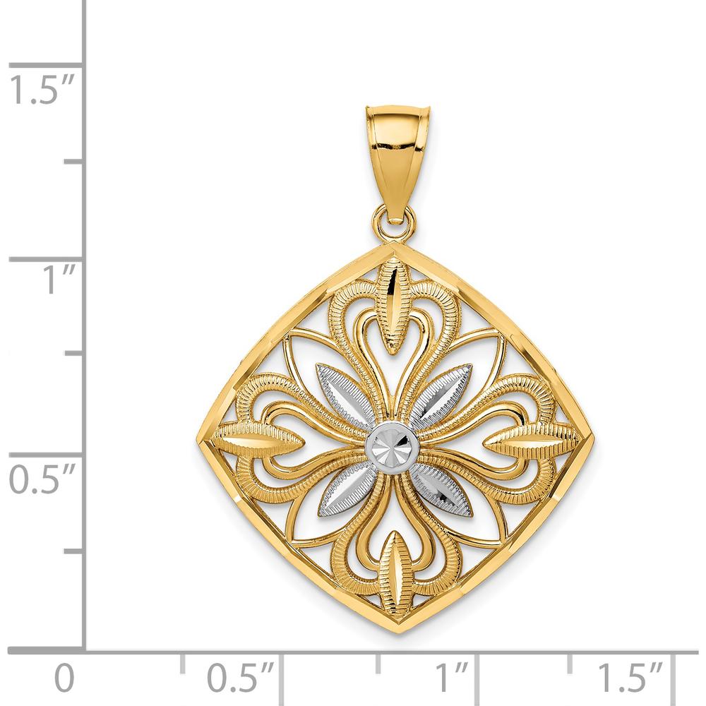 14K Yellow Gold Diamond-Cut Fancy Square Pendant with Rhodium Accent - 36.2mm Length by Oro Pregiato