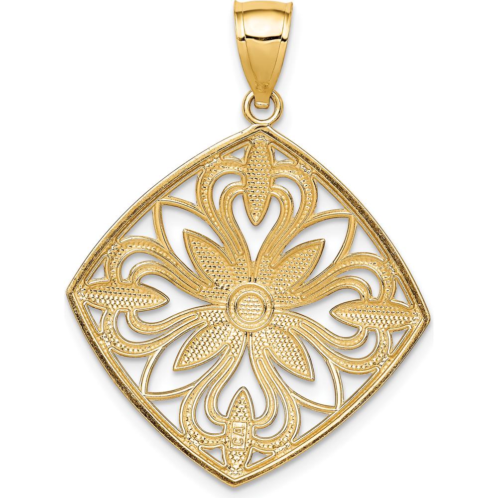 14K Yellow Gold Diamond-Cut Fancy Square Pendant with Rhodium Accent - 36.2mm Length by Oro Pregiato