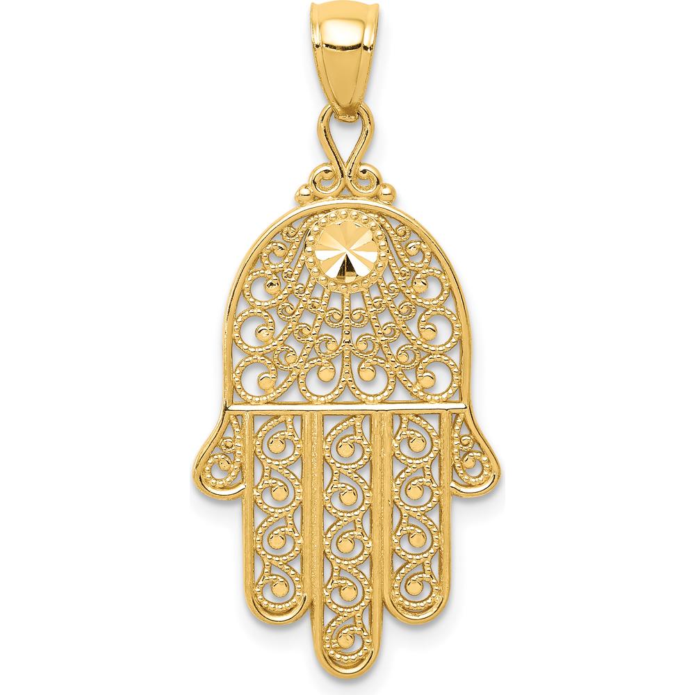 14K Yellow Gold Diamond-Cut Filigree Chamseh Pendant - 36mm Length by Oro Pregiato