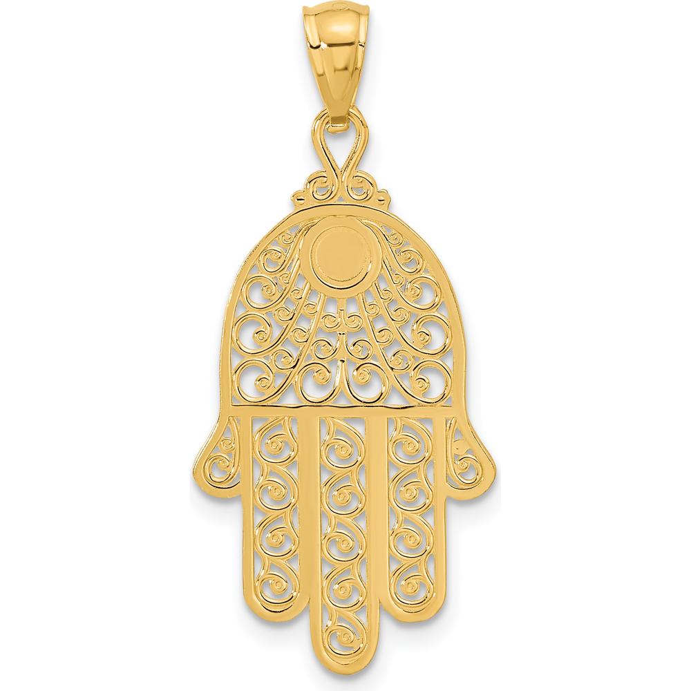 14K Yellow Gold Diamond-Cut Filigree Chamseh Pendant - 36mm Length by Oro Pregiato