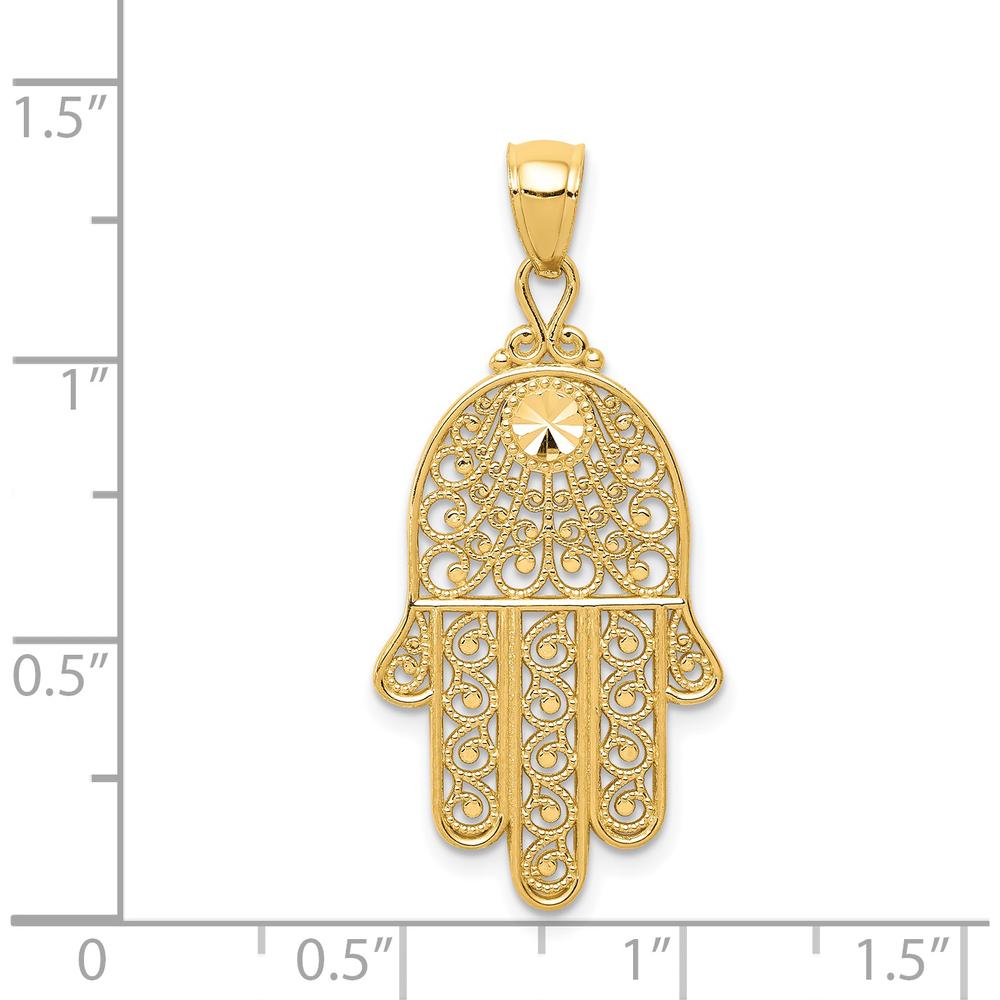 14K Yellow Gold Diamond-Cut Filigree Chamseh Pendant - 36mm Length by Oro Pregiato