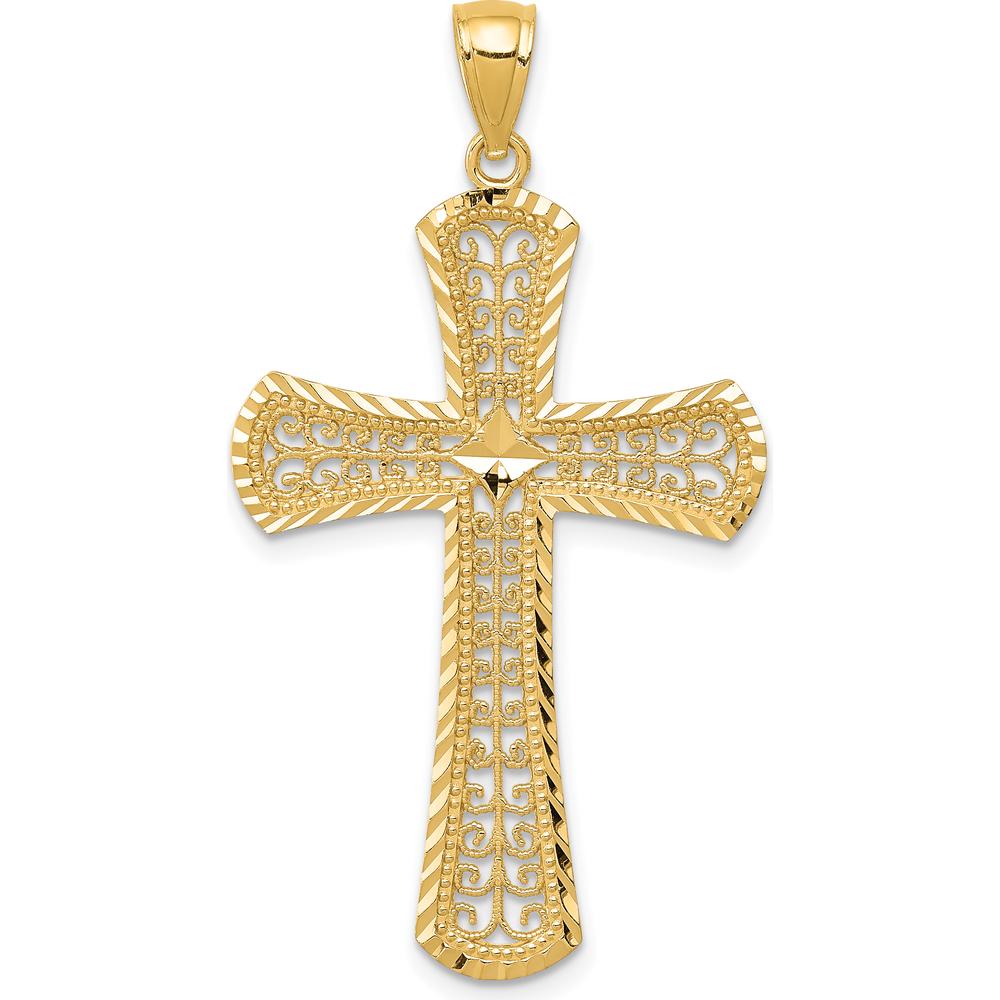 14K Yellow Gold Diamond-Cut Filigree Cross Pendant - 42mm Length, 23mm Width by Oro Pregiato