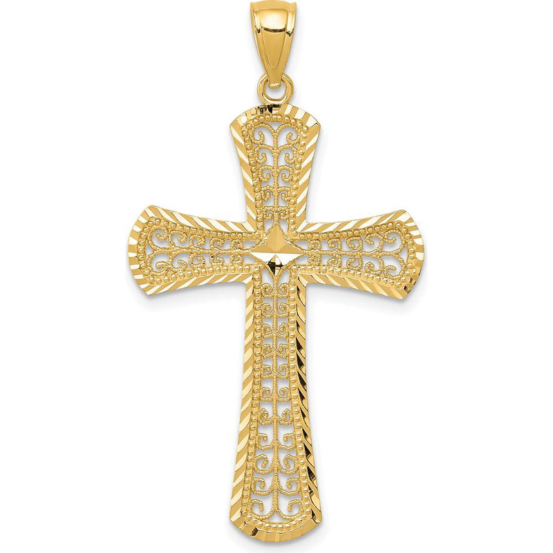 14K Yellow Gold Diamond-Cut Filigree Cross Pendant - 42mm Length, 23mm Width by Oro Pregiato