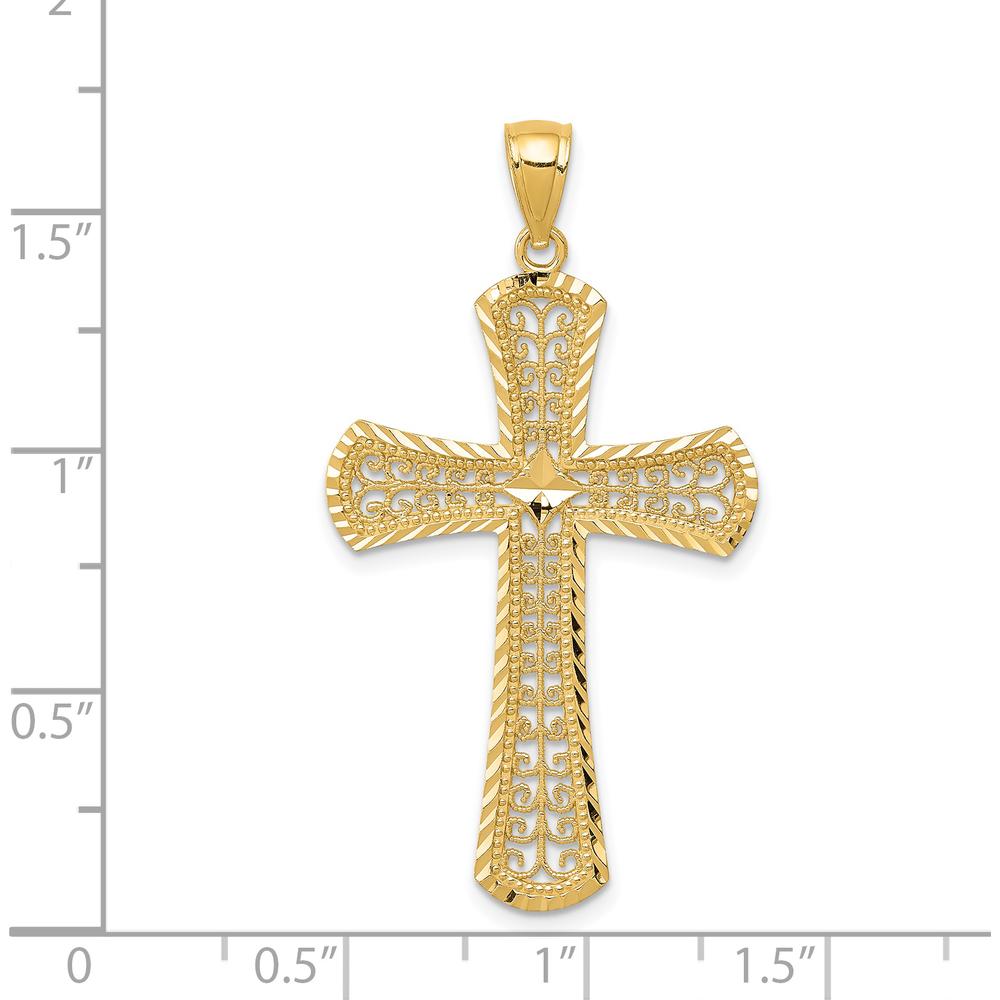 14K Yellow Gold Diamond-Cut Filigree Cross Pendant - 42mm Length, 23mm Width by Oro Pregiato
