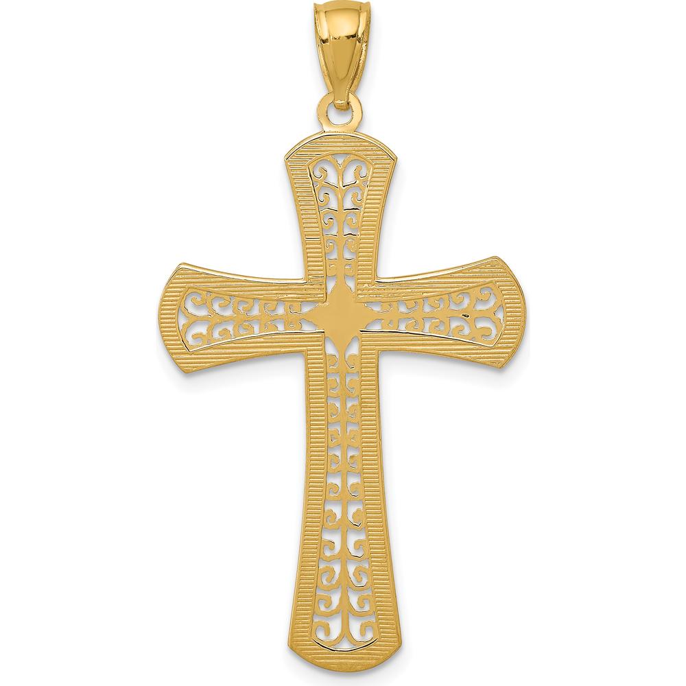 14K Yellow Gold Diamond-Cut Filigree Cross Pendant - 42mm Length, 23mm Width by Oro Pregiato