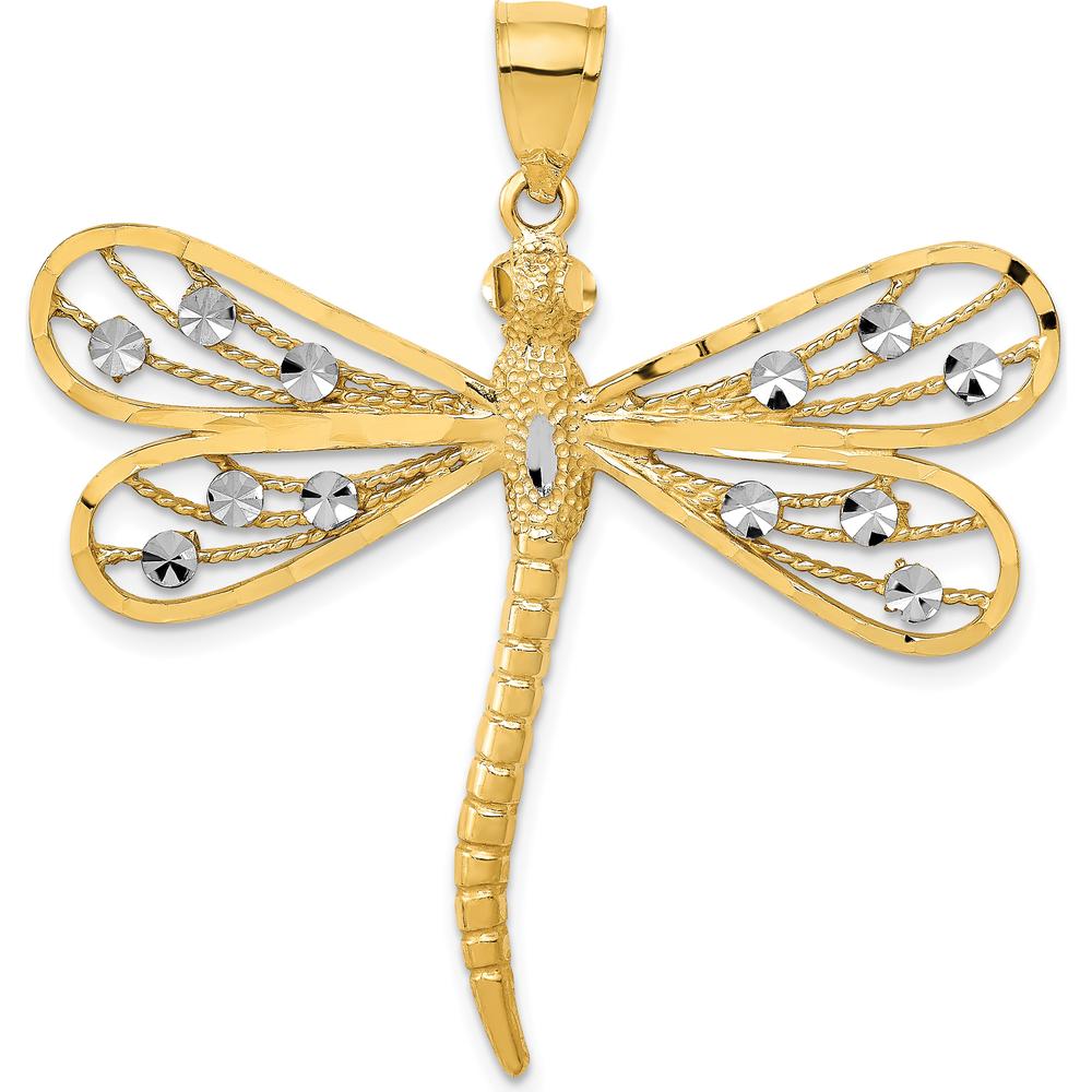 14K Yellow Gold Diamond-cut Filigree Dragonfly Pendant - 42mm x 41mm by Oro Pregiato