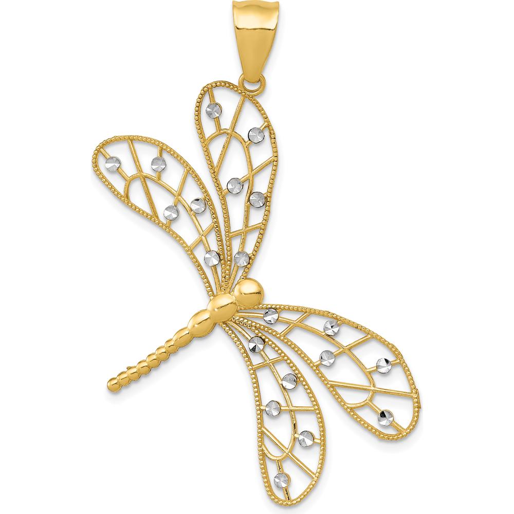 14K Yellow Gold Diamond-Cut Filigree Dragonfly Pendant with Rhodium Accents by Oro Pregiato