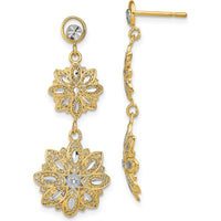 14K Yellow Gold Diamond-Cut Filigree Floral Post Dangle Earrings - Elegant Design with Rhodium Accents by 0