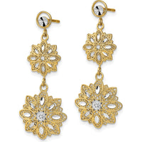 14K Yellow Gold Diamond-Cut Filigree Floral Post Dangle Earrings - Elegant Design with Rhodium Accents by 0