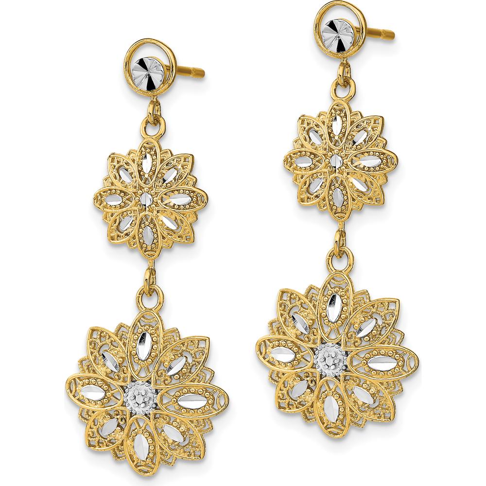 14K Yellow Gold Diamond-Cut Filigree Floral Post Dangle Earrings - Elegant Design with Rhodium Accents by 0