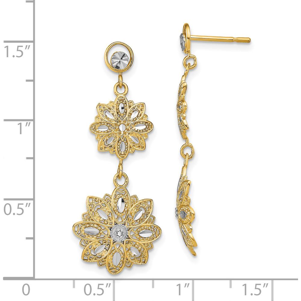 14K Yellow Gold Diamond-Cut Filigree Floral Post Dangle Earrings - Elegant Design with Rhodium Accents by 0