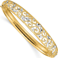 14K Yellow Gold Diamond-Cut Filigree Graduated Hinged Oval Bangle Bracelet with White Rhodium Accents by Oro Pregiato
